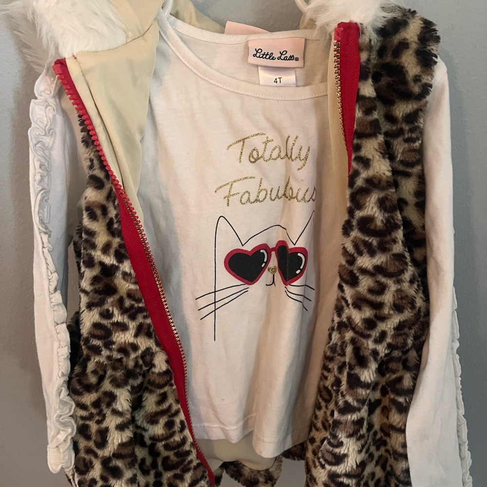 Little Lass Leopard Print Vest with Cat Shirt
